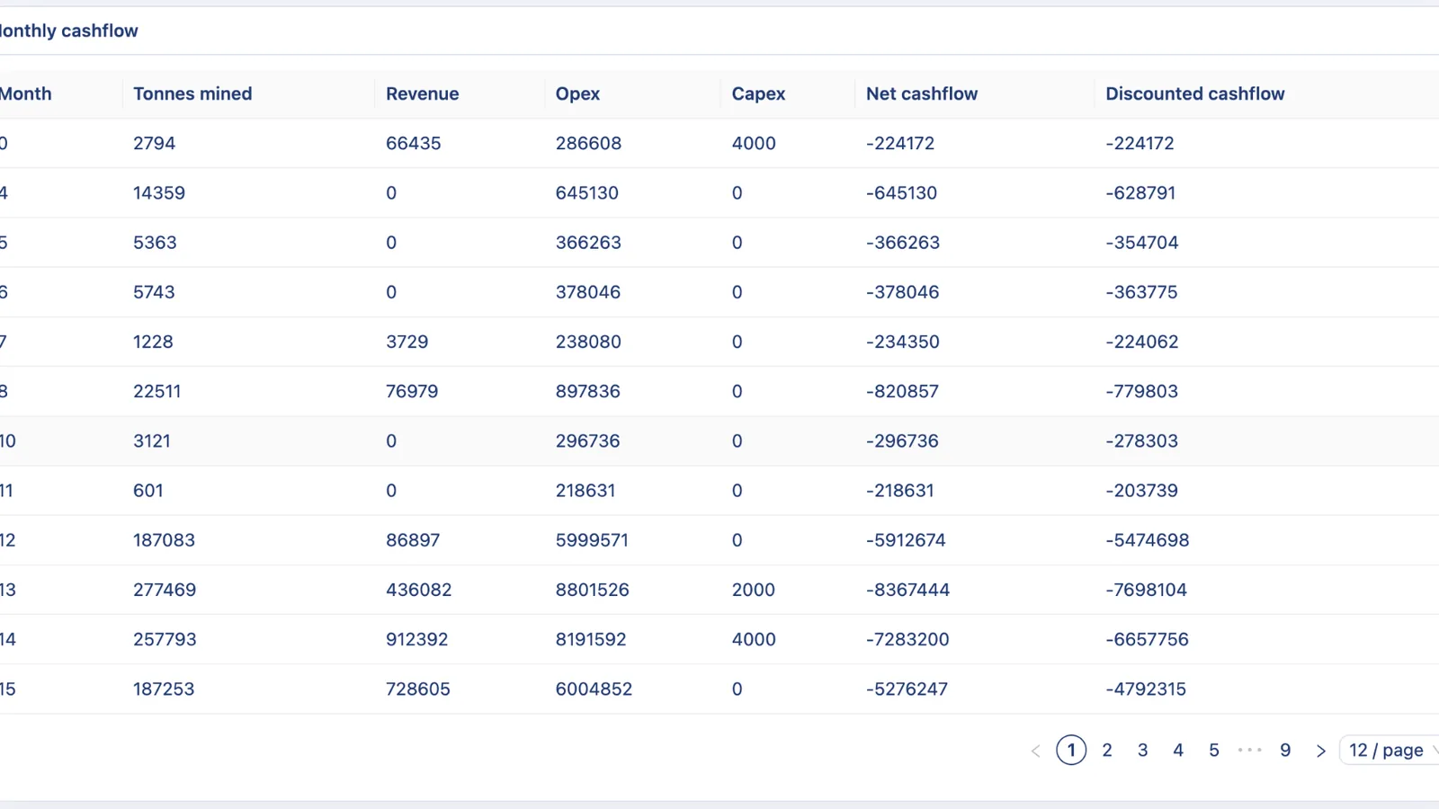 Monthly cashflow table with revenue, opex, capex and discounted cashflow